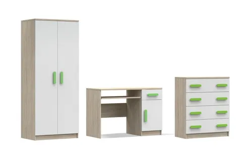Deine Möbel 24 Jugendzimmer-Set INGE V – 3-teilig in Weiß/Grau/Eiche Sonoma - Praktisches 3-teiliges Set für das Kinderzimmer: Inklusive Kleiderschrank, Schreibtisch und Kommode. Mit farbenfrohen Holzgriffen und robusten Materialien bietet es viel Stauraum und eine stilvolle Gestaltung für jeden Wohnstil.