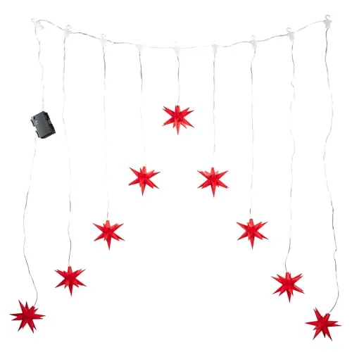LED Lichterkette mit 9 3D Sternen als Lichtervorhang, ca. 160 x 120 cm, batteriebetrieben, weihnachtlicher Sternenvorhang für innen (rot)