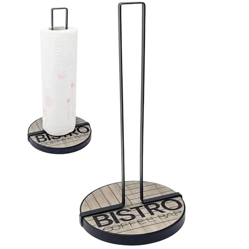 com-four® Küchenrollenhalter stehend - Papierrollenhalter für die Küche - stehender Rollenhalter aus Metall und Holz - Küchenrollenhalterung ohne Bohren - 32 cm (01 Stück - schwarz mit Holz)