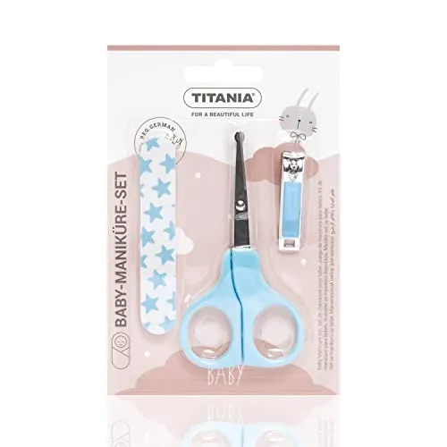 TITANIA Baby Maniküre Set (3-tlg.) • Baby Nagelschere, Baby Nagelknipser & Baby Nagelfeile • Baby Ausstattung • Baby Nagelpflegeset • Pflegeset für Kleinkinder • Babypflege-Set Blau