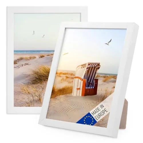 PHOTOLINI Bilderrahmen Holz 15x20 Weiß, Holzbilderrahmen Made in EU, 2er Set, bruchsicheres Acrylglas, zum Aufhängen & Aufstellen, extra Zubehör - für Ihre liebsten Fotos & Bilder