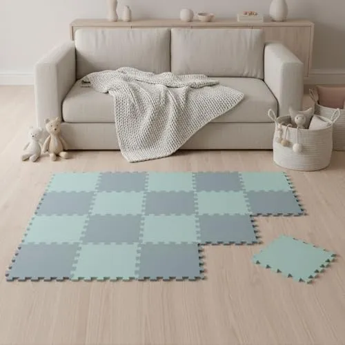 LittleTom Spielmatte Baby Puzzlematte Blau & Mint - 18 Matten je 30x30 cm Krabbelmatte 180x90 cm Bodenmatte Kinder - Puzzle Teppich Kinderzimmer - Bodenschutzmatte Spielteppich - Eva Schaumstoffmatte