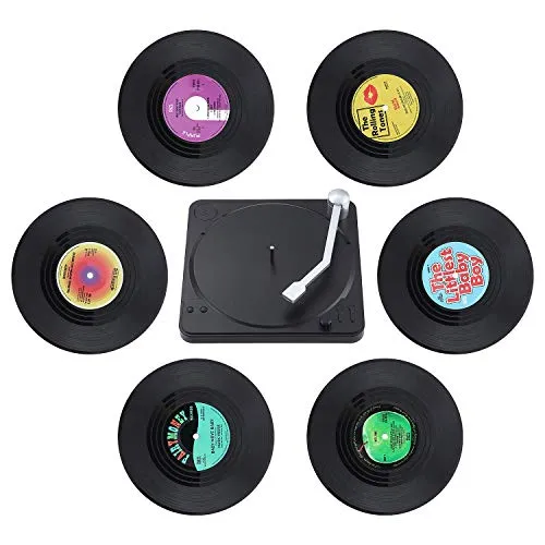 Coolty 6 Stück Retro Vinyl Schallplatten Untersetzer, rutschfeste Tasse Matte, Isolierte Kaffee Getränke Untersetzer mit Halter für Tassen Tisch Bar Glas Gläser mit Halter