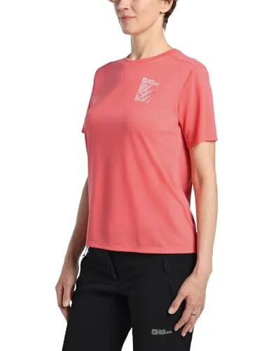 Jack Wolfskin Damen Vonnan Graphic W T-Shirt - Explore Sunset Coral, XL EU - Damen Funktionsshirt, leicht und feuchtigkeitsregulierend, ideal für aktive Freizeit und Sport, mit schnelltrocknenden Eigenschaften und hohem Tragekomfort.