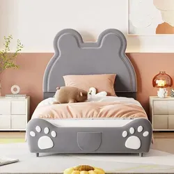 Flieks Polsterbett 90x200cm mit Bärenohrenmuster - Niedliches Kinder- und Jugendbett aus weichem Samt mit Bärenohren-Design, ideal für Spaß und Gemütlichkeit. Inklusive stabilen Lattenrost und praktischer Tasche für Kleinigkeiten.