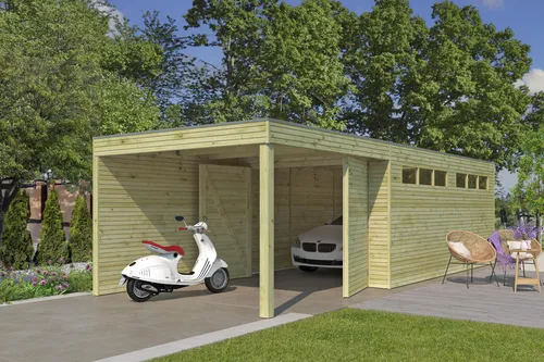 Fjordholz Holzgarage QB-Line 15,30 m² mit Anbau - Stabile Holzgarage QB-Line mit 28mm starken Wänden aus nordischer Fichte, wetterfestem Dach und hochwertiger Oberflächenoptik. Inkl. 2-flg. Garagentor und großem Oberlichtfenster. Ideal für den Garten!