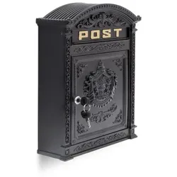 Relaxdays Antiker Wandbriefkasten aus Aluguss - Nostalgischer Briefkasten im Antik-Stil mit breitem Briefschlitz für DIN A4 Umschläge, robust und leicht für einfache Wandmontage.