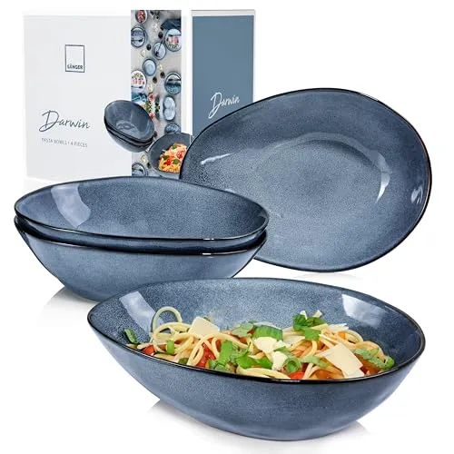 Sänger Pastateller Darwin 4 tlg - Spaghetti Teller für 4 Personen - Elegantes Steingut Geschirr Set für Pasta, handmade und spülmaschinengeeignet, ideal für Familienessen oder besondere Anlässe.