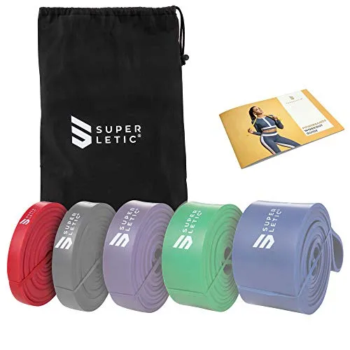 SUPERLETIC Powerband Widerstands-Fitness-Bänder & Übungsbänder für Männer und Frauen; Klimmzughilfe - 5 Stärken für Workout, Yoga, Pilates, Crossfit, Home Gym Equipment + Kostenlose Trainingsanleitung