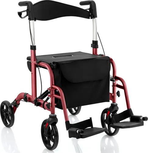 COSTWAY Rollator mit Sitz faltbar leicht, 2in1 Rollstuhl & Reiserollator, Gehhilfe 6-fach höhenverstellbar, mit Tasche, Bremsen & Stockhalter Alu Rot
