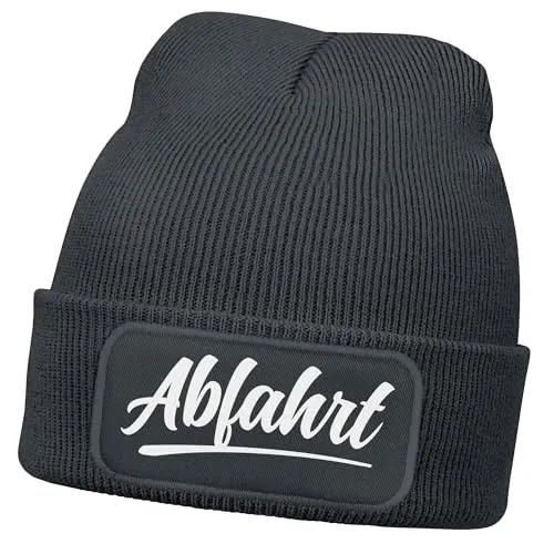 MoonWorks® Damen Beanie mit Patch Skifahren Strickmütze mit Spruch Aufdruck Abfahrt Damenmütze Dunkelgrau Unisize