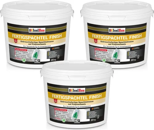 Isolbau Fertigspachtel Finish 60 kg, Glättspachtel Fugenspachtel, Gebrauchsfertige Polymer-Gips Fertig-Spachtelmasse für innen, Weiß Q1-Q11