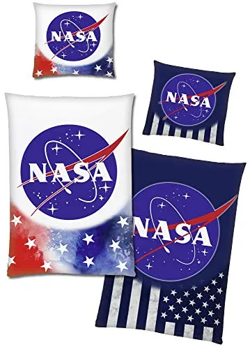 BERONAGE NASA Bettwäsche Stars & Stripes Glow in The Dark 135 x 200 cm - Bettwaren-Set für Kinder mit im Dunkeln leuchtendem NASA Logo, aus 100% Baumwolle für ein gesundes Schlafklima und optimalen Komfort.