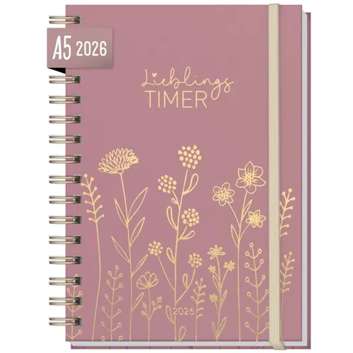 Lieblings-Timer 2026 - A5 Fine Flowers Rosé - Organizer mit 12 Monaten, liebevollem Design und viel Platz für Notizen, To-do-Listen und persönliche Rückblicke. Hochwertige Ausstattung mit Folienprägung und praktischer Wire-O-Bindung für optimale Nutzung.