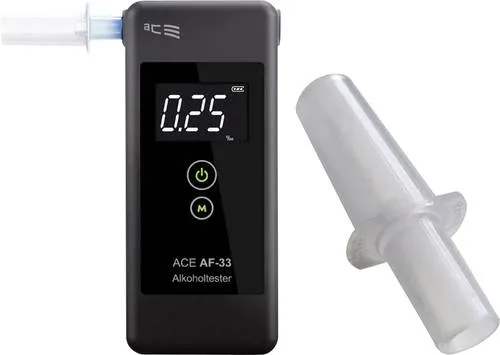 ACE AF-33 Alkoholtester Dunkelgrau 0.00 bis 5.00 ‰ - Präziser Alkoholtester mit integriertem Beleuchtungssystem für das Mundstück, TÜV-geprüft und ideal für sichere Fahrten. Hohe Messgenauigkeit bis 5.00 ‰.