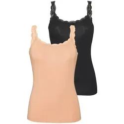 LASCANA Unterhemd (2er-Pack) aus elastischer Baumwolle mit zarter Spitze, Spaghettiträger-Top beige|schwarz 36/38