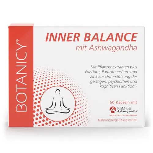 BOTANICY Inner Balance - 60 Ashwagandha Kapseln mit BIO KSM-66 - Alternative zu Anti Stress Tabletten - Indische Schlafbeere, Ginkgo Biloba, Rosenwurz, Vitamin B5 und B9 plus Zink - Laborgeprüft