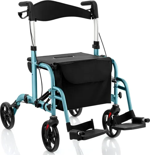 COSTWAY Rollator faltbar und leicht mit Sitz, 2 in 1 Rollstuhl & Reiserollator, Gehhilfe 6-fach höhenverstellbar, Gehwagen mit Tasche und 2 Bremsen, Alu (blau)