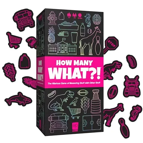 USAopoly How Many What?! – Hilarious Party Game of Ridiculous Comparisons – Family Game Night Favorite – for 3–8 Players – Ages 10+ – Includes 150 Cards, Dry-Erase Boards, and Tokens