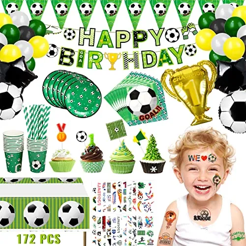 Withosent 172 Stück Fussball Party Geburtstag Deko Jungen Partygeschirr Set, Kindergeburtstag Party Supplie, Pappteller Servietten Tischdecke Strohhalme Pappbecher Ballon Banner für 20 Gäste
