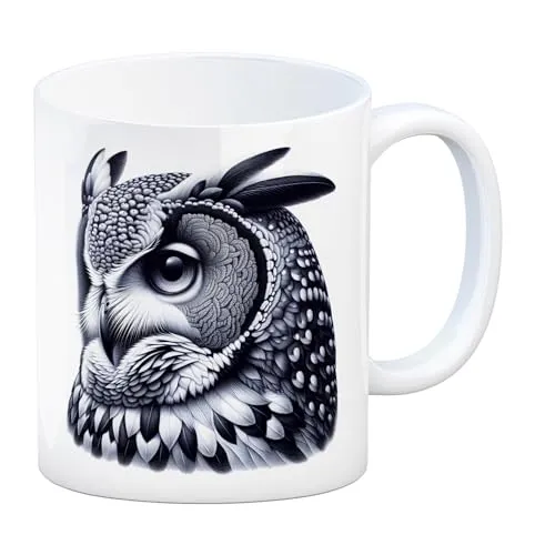 Schwarze Eule Kaffeebecher Mystische Tasse Nacht Dunkelheit Mond Sterne Design Eleganter Baum Flügel Motiv Samtige Federn Textur Ideal für Nachtschwärmer Eulentasse
