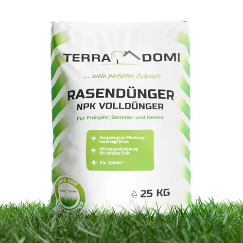 TerraDomi Rasendünger Frühjahr, Sommer & Herbst 25kg NPK 15-15-15 I Dünger mit Langzeitwirkung I verdrängt Moos I für über 1000 m² Rasen I streuwagengeeigneter Dünger | staubarm & mit extra Schwefel