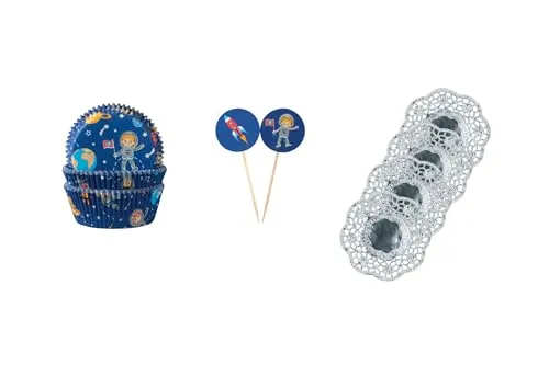 Demmler Muffin Picker Set - 60 Cupcakeförmchen und 12 Picker - Größe: 5 x 5 x 2,5cm - Motiv: Weltraum - inklusiv 4 silberne Tassendeckchen - Made in Germany