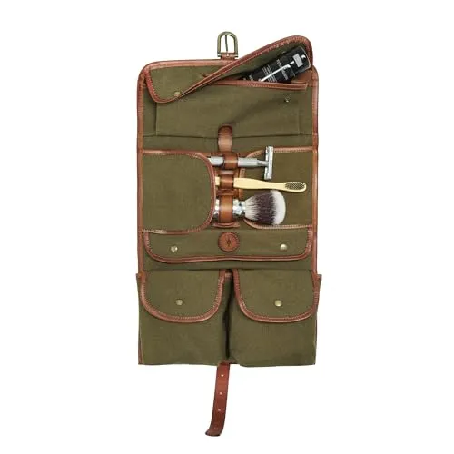 DRAKENSBERG Kulturbeutel 'Sid' - Handgemachter Aufhänge-Kosmetikbeutel - Kulturtasche aus hochwertigem Canvas und echtem Büffelleder, nachhaltig und praktisch im Vintage-Design, ideal für Reisen oder Zuhause.