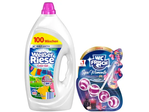 Weißer Riese Color Gel (100 Waschladungen) & WC-Frisch Spa Momente Harmonie - Waschmittel und WC Duftspüler im praktischen Set. Der Weißer Riese Color Gel sorgt für strahlend saubere Wäsche, während der WC Duftspüler mit ätherischen Ölen für entspannende Frische im Badezimmer sorgt.