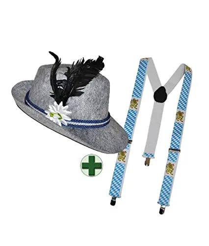 Karneval-Klamotten Oktoberfest Hut Herren Bayern Hut Herren Bayern Tirolerhut Seppelhut Edelweiß MIT Hosenträger Oktoberfest