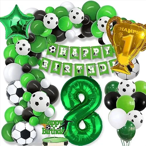 Fußball 8 Geburtstag Deko Junge, 8. Football Geburtstagsdeko, 8 Jahre Ballon Grün Luftballon Girlande, mit Happy Birthday Girlande, für Kinder Junge Geburtstag Party Fußball Deko 8.Geburtstagsdeko