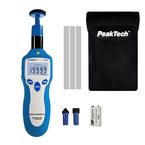 PeakTech P2795 – Digitaler Drehzahlmesser mit Laser - Messgeräte – Präziser Tachometer mit 5-stelligem LCD-Display und automatischer Bereichswahl für schnelle, kontaktlose Messungen von Drehzahl und Oberflächengeschwindigkeit.