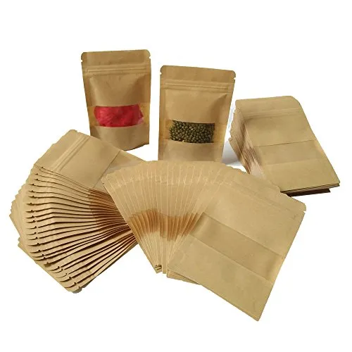 100pcs Zip Kleine Papierbeutel Papiertüten mit Fenster Gewürztüten Kleine Mini Papiertüten Zip Kraftpapierbeutel imprägniern abbaubare Kraftpapier Tüten Beutel kann als SamenBeutel Geschenktüten