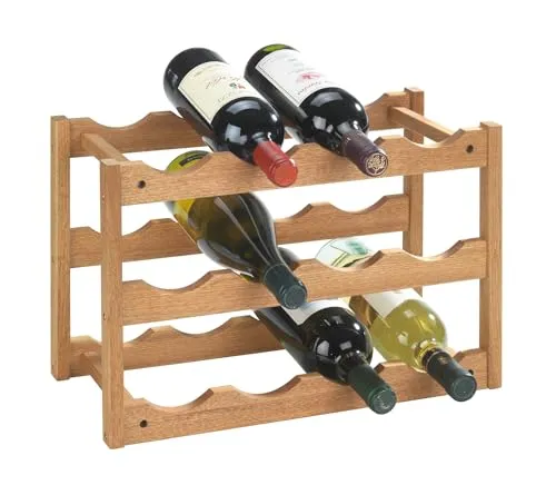 WENKO Weinregal Norway, Weinschrank für bis zu 12 Weinflaschen, Weinhalter aus Walnussholz, 3 Etagen zur Aufbewahrung von Wein- und Sektflaschen, 42 x 28 x 21 cm, Natur
