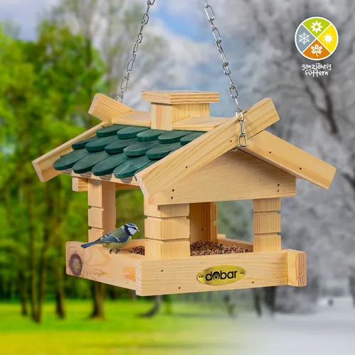 dobar Green Label Vogelhaus Thule - Wetterfestes Futterhaus aus Kiefernholz, mit grünem Schindeldach und robuster Aufhängung für Wildvögel