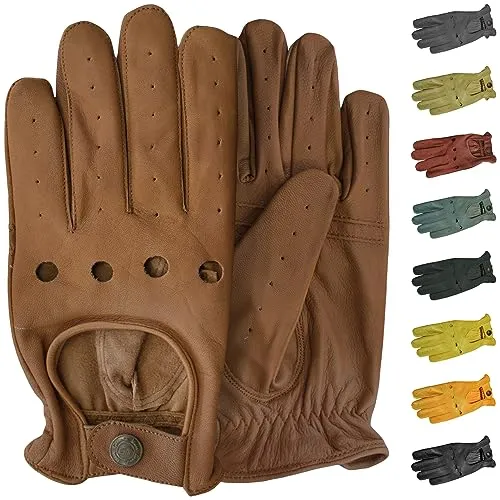 German Wear Herren Driving Autofahrer-Handschuhe aus Lamm-Nappaleder - Stilvolle Motorradhandschuhe aus dünnem, weichem Lamm-Nappaleder. Klassisches Design im Retro-Look mit Druckknopfverschluss für optimalen Tragekomfort.