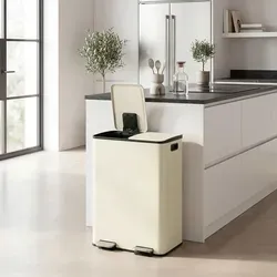 SONGMICS 2 x 30 Liter Tretmülleimer mit Softclose-Deckel, creme - Eleganter Tretmülleimer für die Küche mit 2 Fächern zur praktischen Mülltrennung. Robuste Stahlkonstruktion und leise schließender Deckel sorgen für Komfort und Langlebigkeit. Ideal für moderne Küchen!