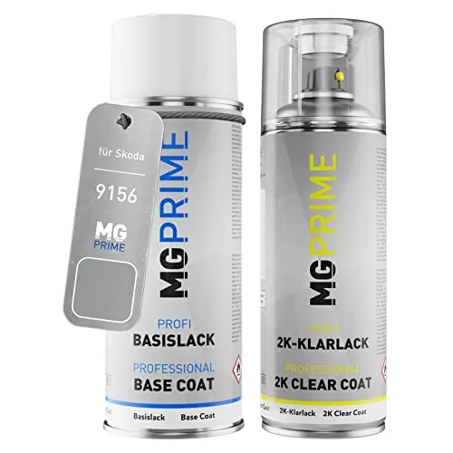 MG PRIME Autolack 2K Spraydosen Set für Skoda 9156 / 8E Brilliant Silber Metallic Basislack 2 Komponenten Klarlack Sprühdose