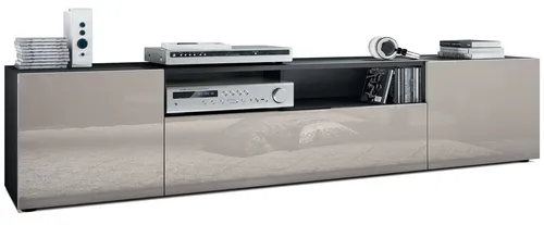 Vladon Lowboard Mogan - TV-Kommode in Schwarz matt/Sandgrau Hochglanz - Moderne TV-Kommode mit Soft-Close-System, 2 Türen, 1 Klappe und offenem Fach. Ideal für Wohnzimmer und Schlafzimmer, pflegeleichte Oberfläche und individuelle Montageoptionen.