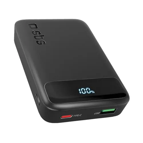 SBS Compact PowerBank, 10000mAh, 20W Power Delivery (PD 3.0 PPS), AFC, Powerbank mit Schnelllade, LCD-Display, USB-C, USB-A, tragbares Reiseladegerät, kompaktes Design, Schwarz