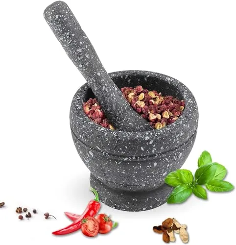 DEWIN Mörser mit Schlegel，Mörser mit StößelMortar and Pestle mit Rutschfestem Fuß knoblauch Hammer Gewürzmörser mit Stößel für Gewürze Kräuter Polierter Steinmörser (Grau)
