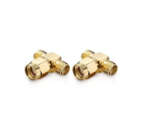 conecto SMA-Adapter T-Stück - 1x RP-SMA-Stecker ohne Pin auf 2x RP-SMA-Buchse mit Pin, vergoldet für verlustfreie Signalübertragung, 2er Set