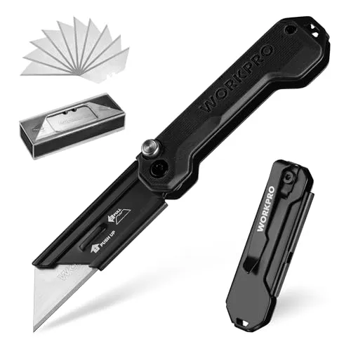 WORKPRO Klappmesser Universalmesser, Cuttermesser, Taschenmesser mit Schnellwechselmechanismus, G10-Griff, mit 10 zusätzlichen SK5-Klingen, Ideal zum Schneiden von Leder, PVC, Papier, Schwarz