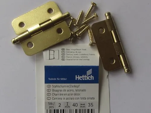 Hettich Stahlscharniere/Zierscharniere mit Zierkopf, 40 x 60 mm, Stahl vermessingt, 2 Stück, 89215