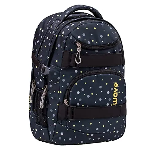Wave Infinity Schwarz Schulrucksack mit Laptopfach Tabletfach/Brustgurt Hüftgurt / 43 x 31 x 22 cm / 30 Liter/Mädchen/Rucksack Daypack (338-72/A Black and Yellow Dots)