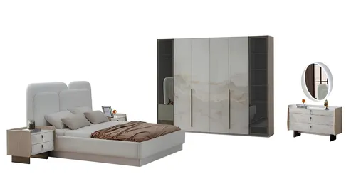 Modernes Schlafzimmer-Set mit Nachttisch, Bett, Kleiderschrank, Kommode und Spiegel in Weiß - Perfekt für Jugendliche und Erwachsene: Dieses stilvolle Set bietet durchdachte Stauraumlösungen und modernes Design für ein gemütliches Schlafzimmer. Maße: Bett 164x253 cm, Kleiderschrank 264x61x220 cm.