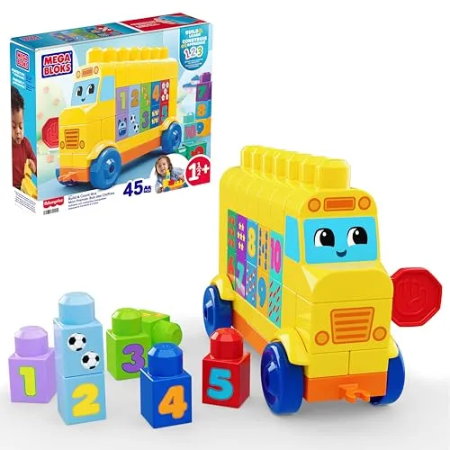 MEGA BLOKS-Bausteine Bausteinset für Kleinkinder, BAU und lern Bus mit 45 Teilen, Zahlen und Zählen Lernen, Gelb, ab 1 Jahr, JKG34