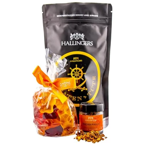 Hallingers Genuss Manufaktur Geschenkkorb Geschenkset – Feinkost Mix, Jungs & Kinder Wundertüte Fruchtsaftbärchen & Coldbrew Eistee Pfirsich