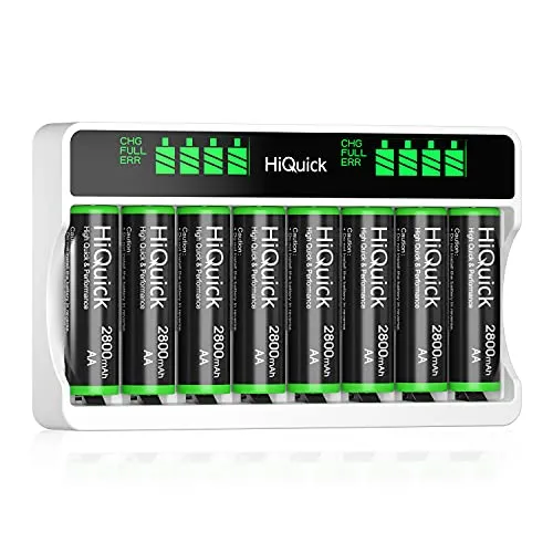 HiQuick Akku Ladegerät mit AA Akku 8 Stück, Batterieladegerät für Mignon AA, Micro AA NI-MH/NI-CD wiederaufladbar Batterien, 8-Ladeplatz mit LCD Anzeige