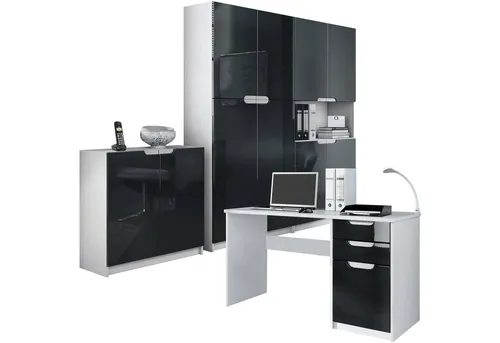 Vladon Aktenschrank Logan - Büromöbel-Set in Weiß matt und Schwarz Hochglanz (246 x 60 x 185 cm) - Die Büroserie Logan bietet modernes Design und Funktionalität für Ihr Home-Office oder Büro. Robuste Qualität und elegantes Aussehen vereinen sich in diesem vielseitigen Möbelset.